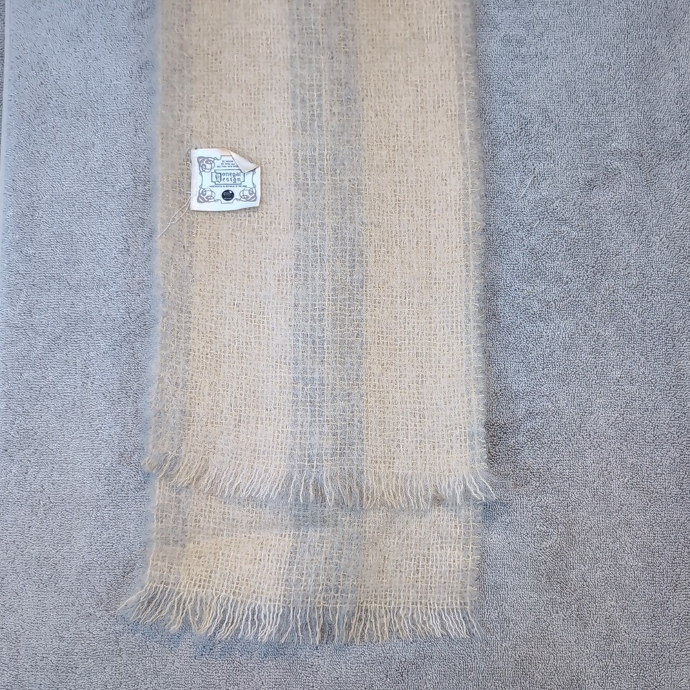 Vintage Donegal Design Mohair Wool Scarf 64″ x 9″ Cream Stripe Rep of Ireland